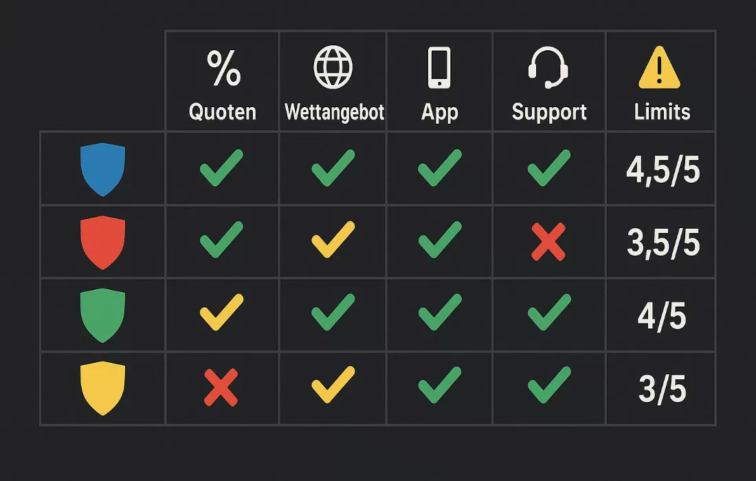 Wettanbieter Vergleichstabelle - Quoten, Service, App-Qualität und Limits im direkten Vergleich